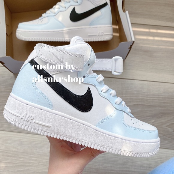 Nike air force 1 mid custom baby blue black swoosh - Picture 2 of 3